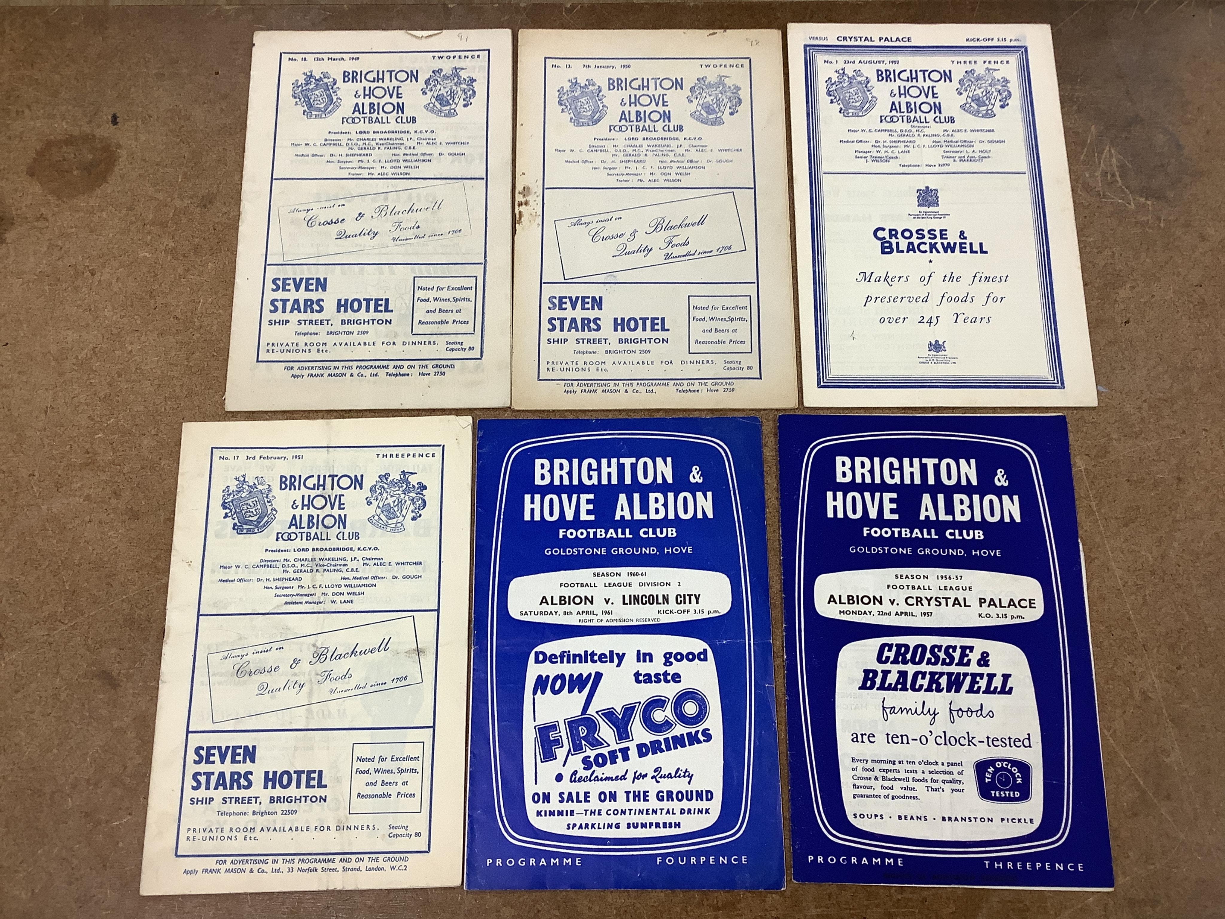 A collection of 1940s-70s football programmes, including Millwall, Fulham, Everton, Newcastle United, Crystal Palace, Leyton orient, Charlton Athletic, Brighton Hove Albion, Leicester City etc.